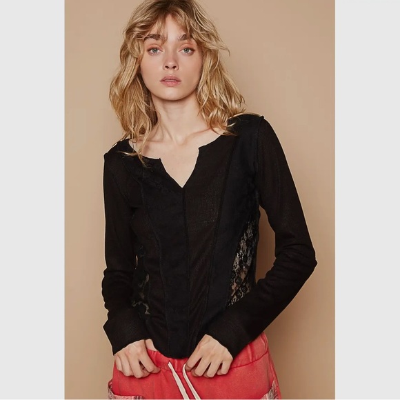 396B-BLACK. Lace Contrast Princess Seam Top - Picture 4 of 4